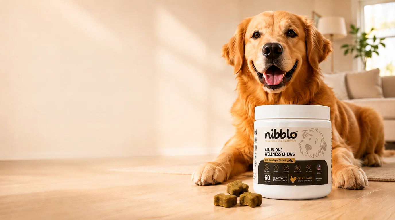 Golden retriever lying beside a jar of Nibblo all-in-one wellness chews
