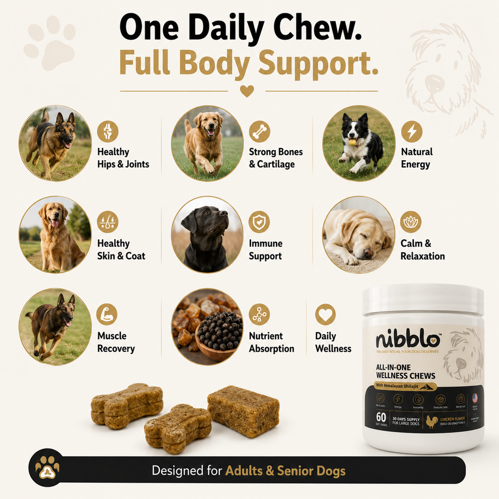 Nibblo All-in-One Wellness Chews for Dogs with Himalayan Shilajit | Hip & Joint, Skin & Coat, Immunity & Daily Wellness Support | Chicken Flavor | 60 Soft Chews